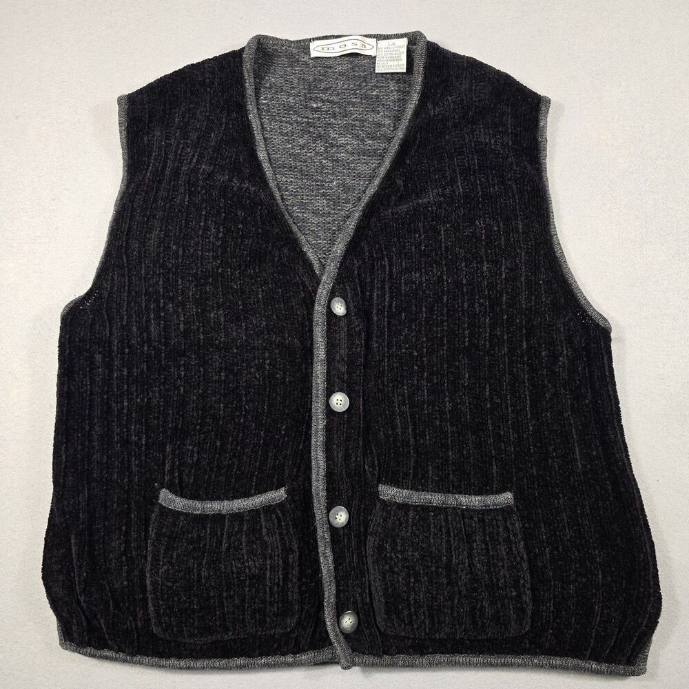 Vintage Mosa Men's Large Black Gray Cardigan Sweater Vest With Front Pockets
